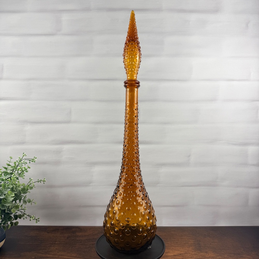 Empoli Amber Hobnail Genie Bottle Decanter Flame Stopper 22" Italy